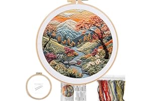FONNUY Embroidery Kit for Beginners, Boho Nature Landscape Pre-Stamped Pattern Kits for Adults with Hoop, Easy to Follow Color Thread Needlework, 8'' Hoop (Mountain Stream)