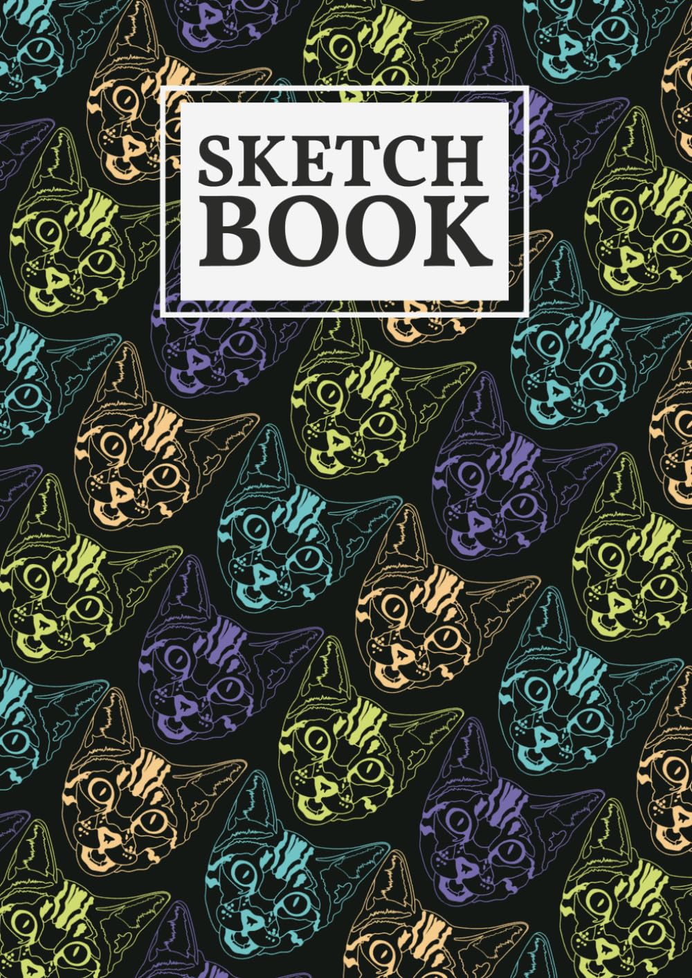 Black Sketchbook A4 Size: Blue/Green/Orange/Purple Cat Pattern Cover Drawing Pad for Artists, Beginners and Creative Kids Girls Boys Women 120 Blank Pages