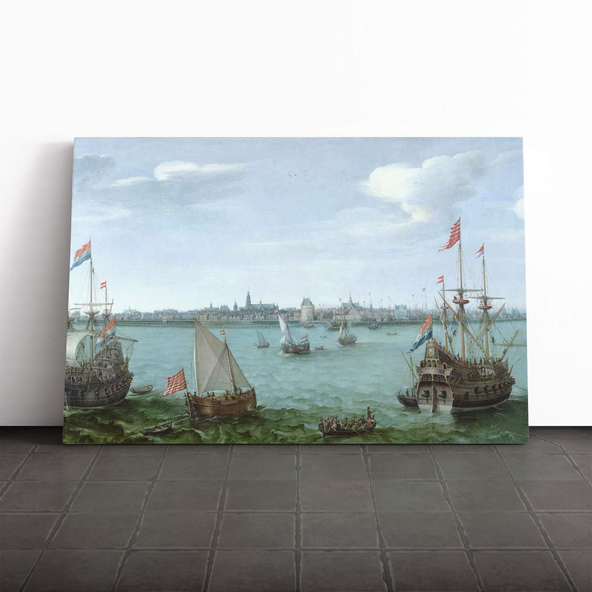 Hendrick Cornelisz Vroom Ships Canvas Print | Gallery Wrapped 30mm Frame Wall Art | 20x14 inches | Ready to Hang | Modern Beach Picture | Living Room Bedroom Lounge Office