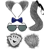 Hikkcos Halloween Wolf Costume Gey Wolf Ears and Tail Fox Costume, Wolf Gloves Accessories for Animals Party Supplies for Girls Women Men