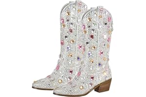 Richealnana Sparkly Rhinestones Cowboy Cowgirl Style Boots Calf High Boots for Women 2INCH Heeled Shining Pull On Tabs