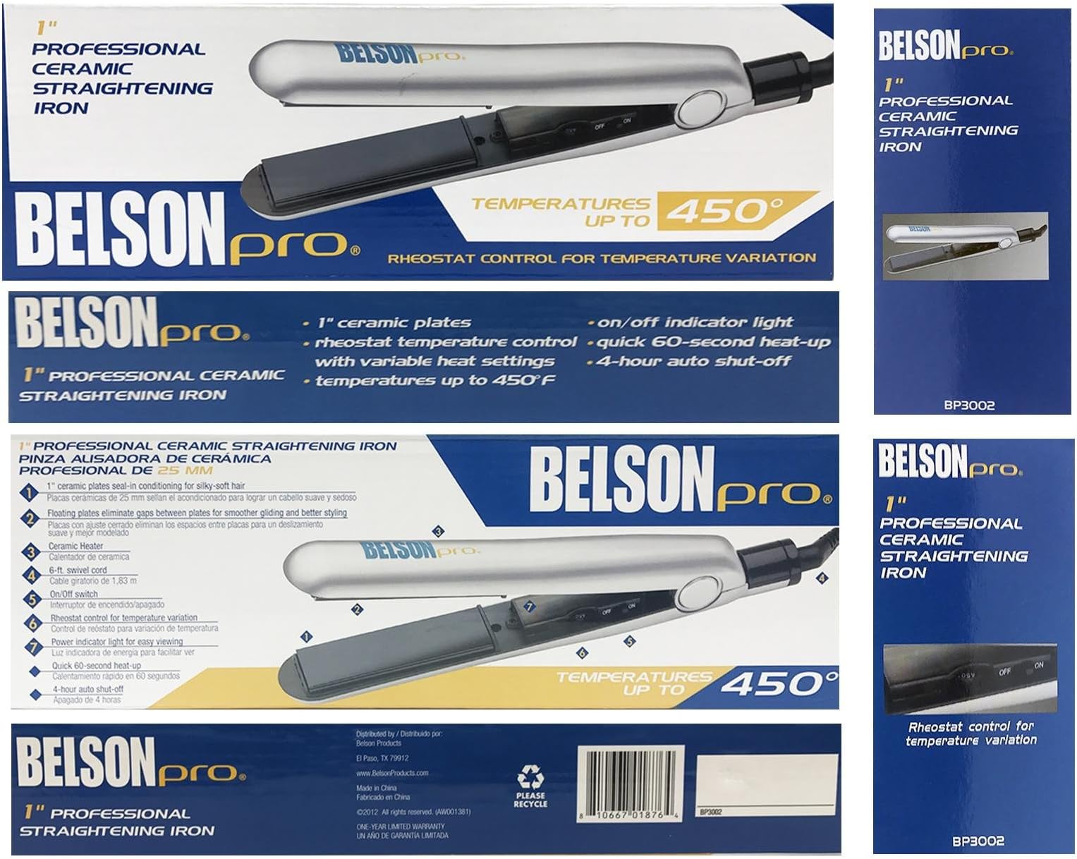 Belson Pro 450F 1" Professional Ceramic Straightening Iron Flat Iron BP3002