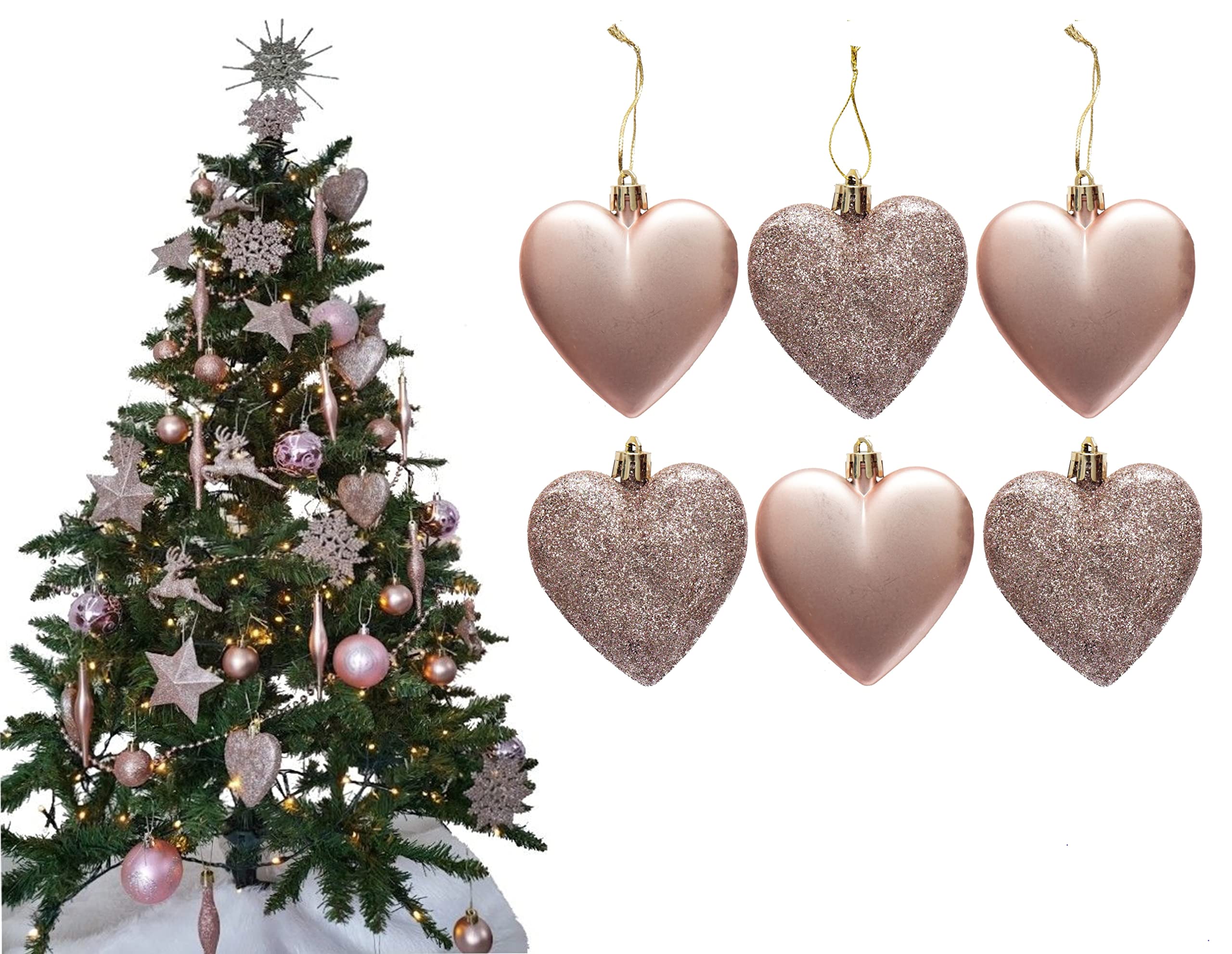 6pc Large Glitter & Matte Heart Baubles - Great Christmas Tree Decorations, Heart Baubles (Rose Gold)