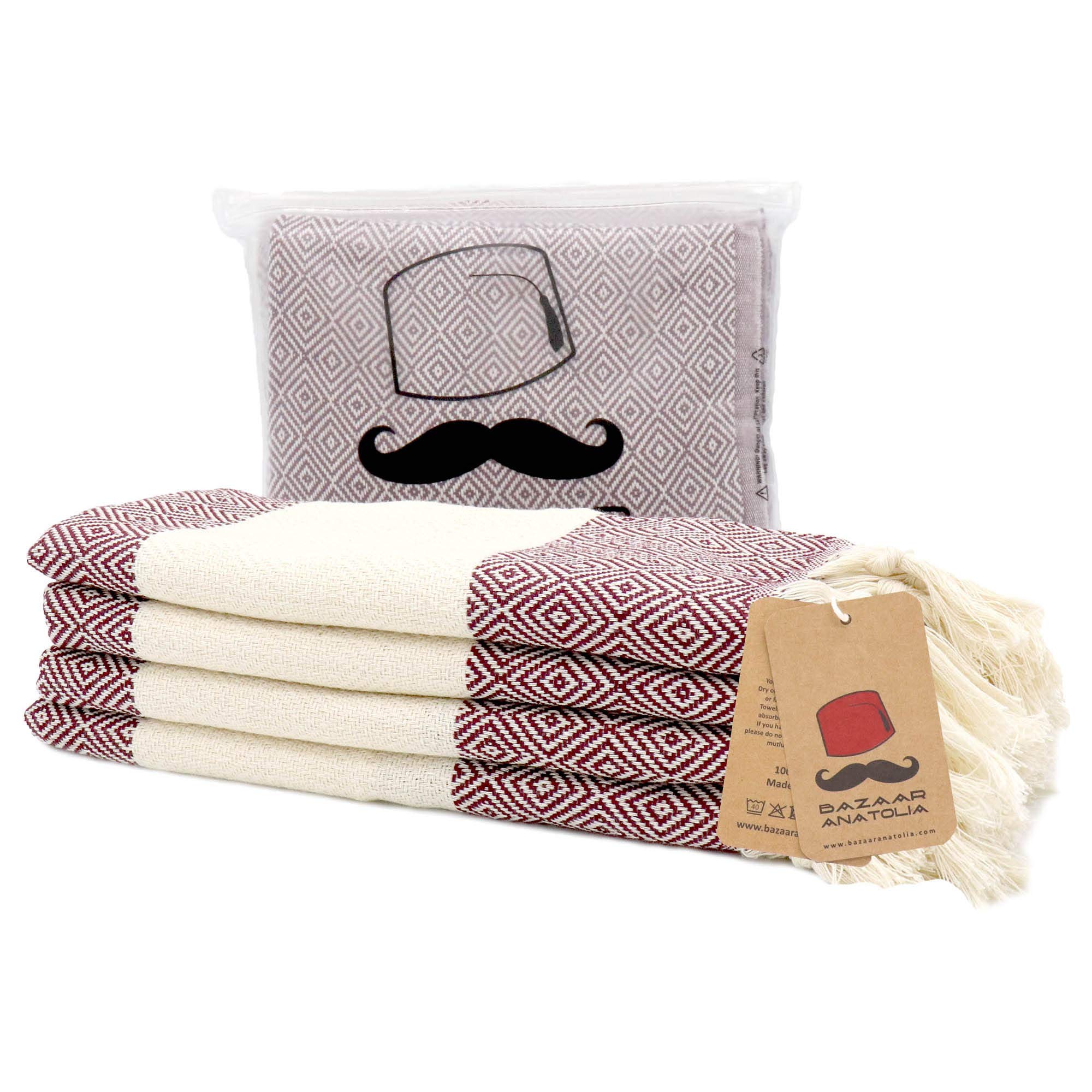 Bazaar Anatolia Hand Towels - Set of 4 | 39" x 19" - Decorative Turkish Hand Towel for Bathroom, 100% Cotton, Kitchen, Face, Hair, Tea, Dishcloth, Burgundy Hand Towels - Diamond Maroon