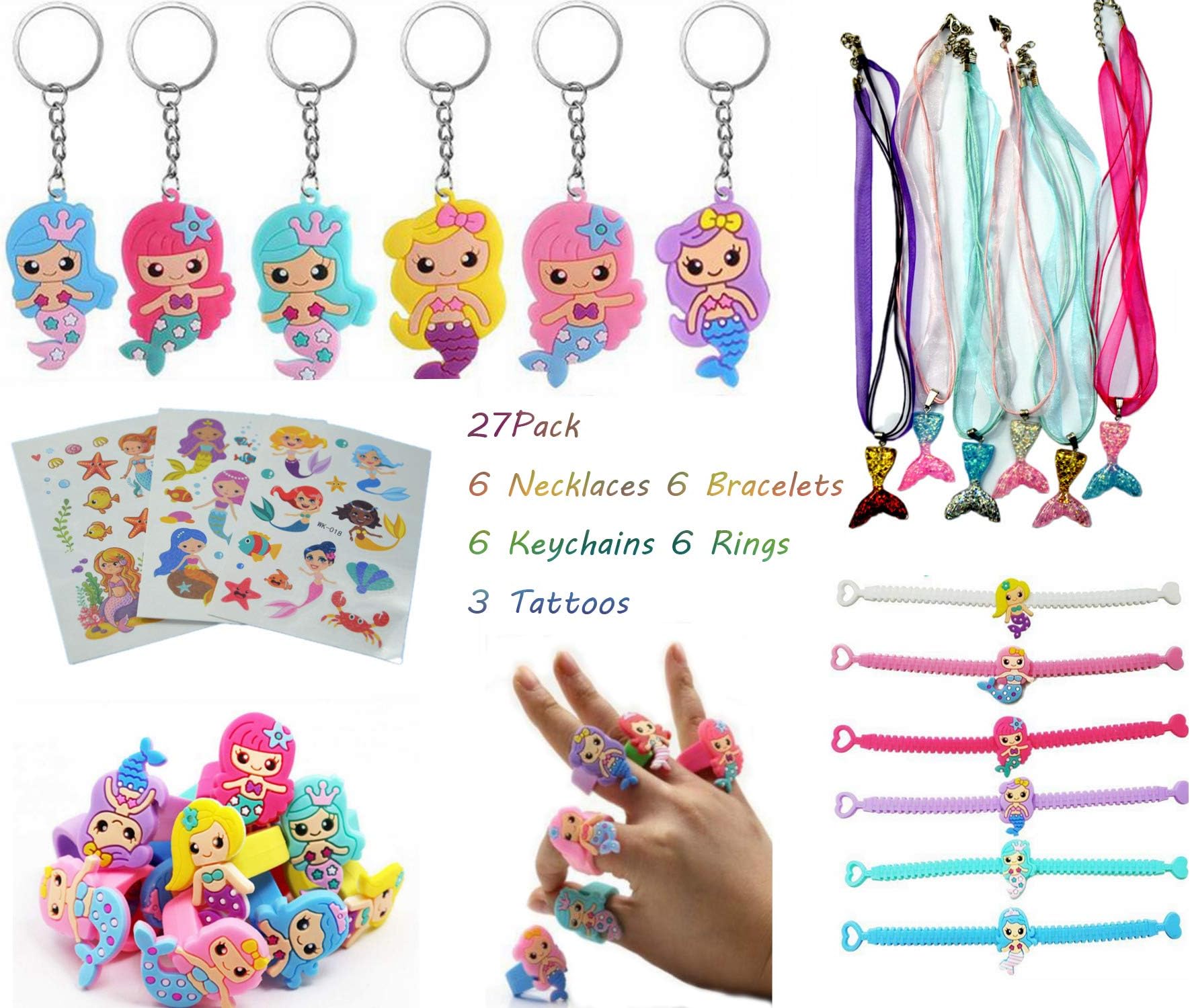 27 pcs Mermaid Party Supplies, 6 Mermaid Necklaces +6 Mermaid Bracelets +6 Mermaid ring +6 Mermaid Keychains+3 Mermaid Tattoos Birthday Party Favors for Girls, Perfect Mermaid Gifts