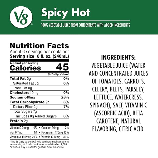 V8 SPICY HOT 100% VEGETABLE JUICE, 46 FL OZ BOTTLE