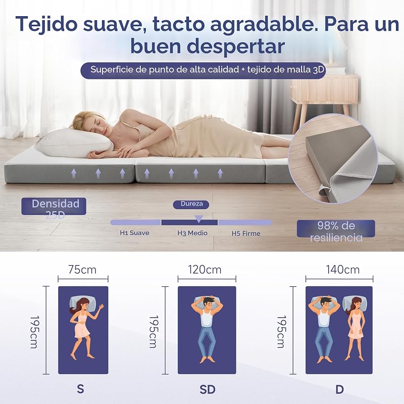 - Colchão dobrável, colchão de chão, colchão dobrável em 3 peças, espuma extra espessa, esponja de alta densidade com dureza H3, Oeko Tex Standard, 90 x 195 x 10 cm