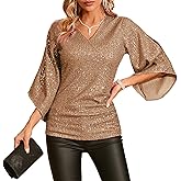 Womens Sequin Top 3/4 Sleeve Sparkly Shirt Glitter V-Neck Dressy Blouse for Evening Party Night