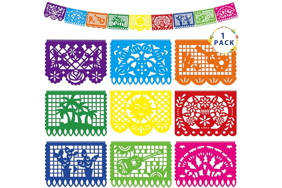 18 FT Cinco De Mayo Party Decorations, 1 Pack Fiesta Banner with 9 Plastic Papel Picado, Colorful Mexican Theme Party Flag Banner Dia De Los Muertos Day of the Dead Hanging Decor Home Party Supplies