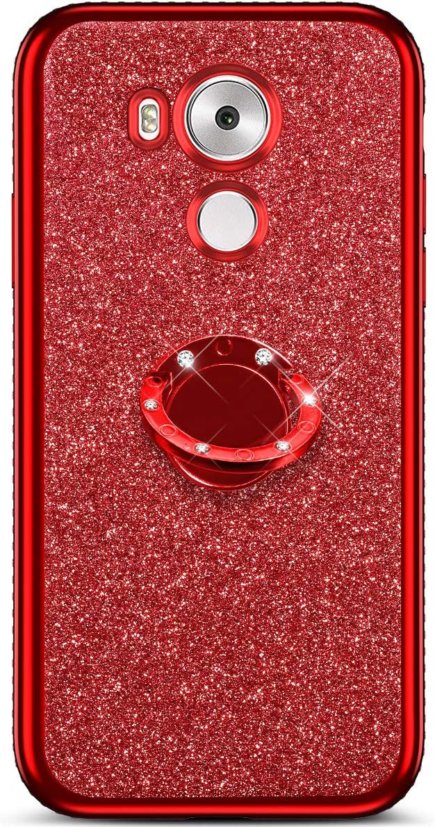Qjuegad Compatible with Huawei Mate 8 Phone Case Rubber Ultra Slim Bling Glitter Case with Kickstand, Shockproof Soft Slim-fit TPU Protection Back Cover Huawei Mate 8, Red