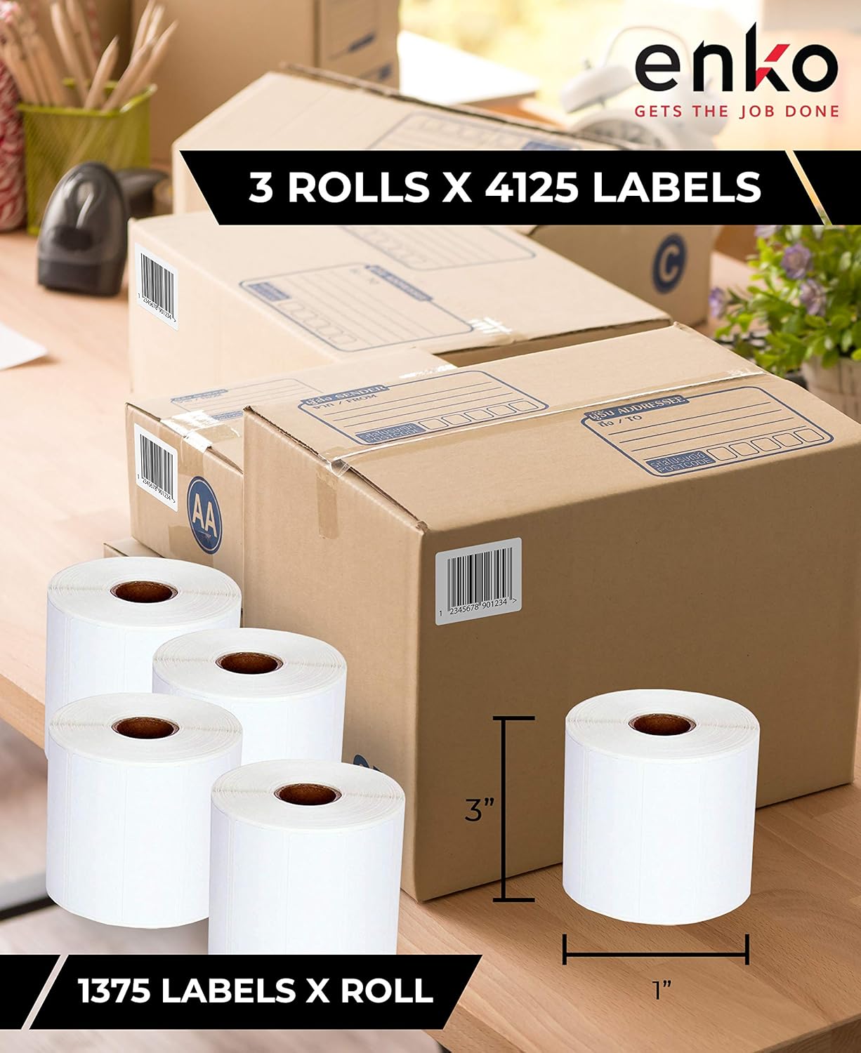 enKo (3 Rolls, 4125 Labels) - 3" x 1" Direct Thermal Labels for FBA Stickers, FN SKU Labels for Zebra Thermal Printers : Shipping Labels : Office Products