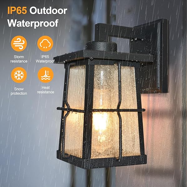 ALVIME OUTSIDE WALL LIGHTS, 10 INCH EXTERIOR FRONT PORCH LIGHT FIXTURES, WATERPROOF OUTDOOR WALL LANTERN FOR HOUSE FRONT DOOR, ENTRYWAY, GARAGE, PATIO, E26 BASE&CLEAR SEEDY GLASS