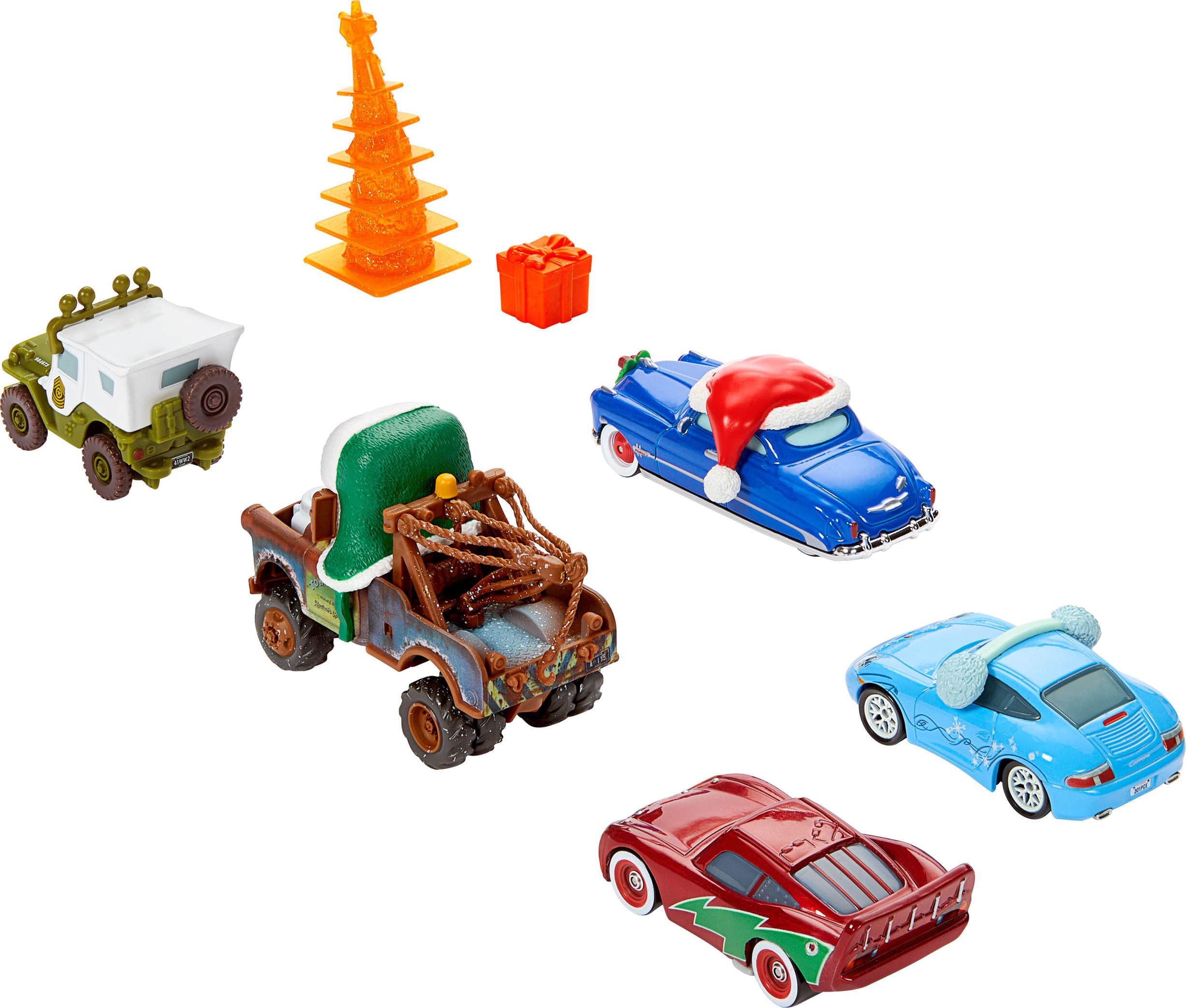 Mattel Disney and Pixar Cars Toy Multipack, Set of 5 Winter-Themed Vehicles Including a Holiday Hotshot Lightning McQueen & 2 Plastic Accessories (Amazon Exclusive)