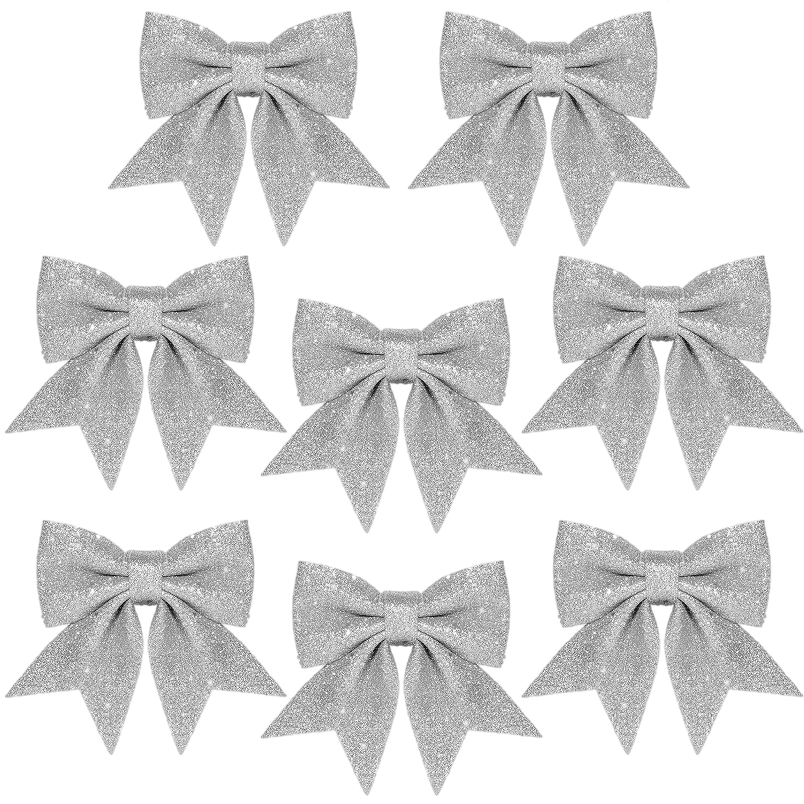 HONGCI 8 Pack Silver Bows for Christmas Tree,5.5 Inch Glitter Wreaths Bows Christmas Bows for Tree Decorations,Xmas Tree Bows,Sequin Bows Ties Ornaments for Christmas Tree,Wreaths,Garland Decorations