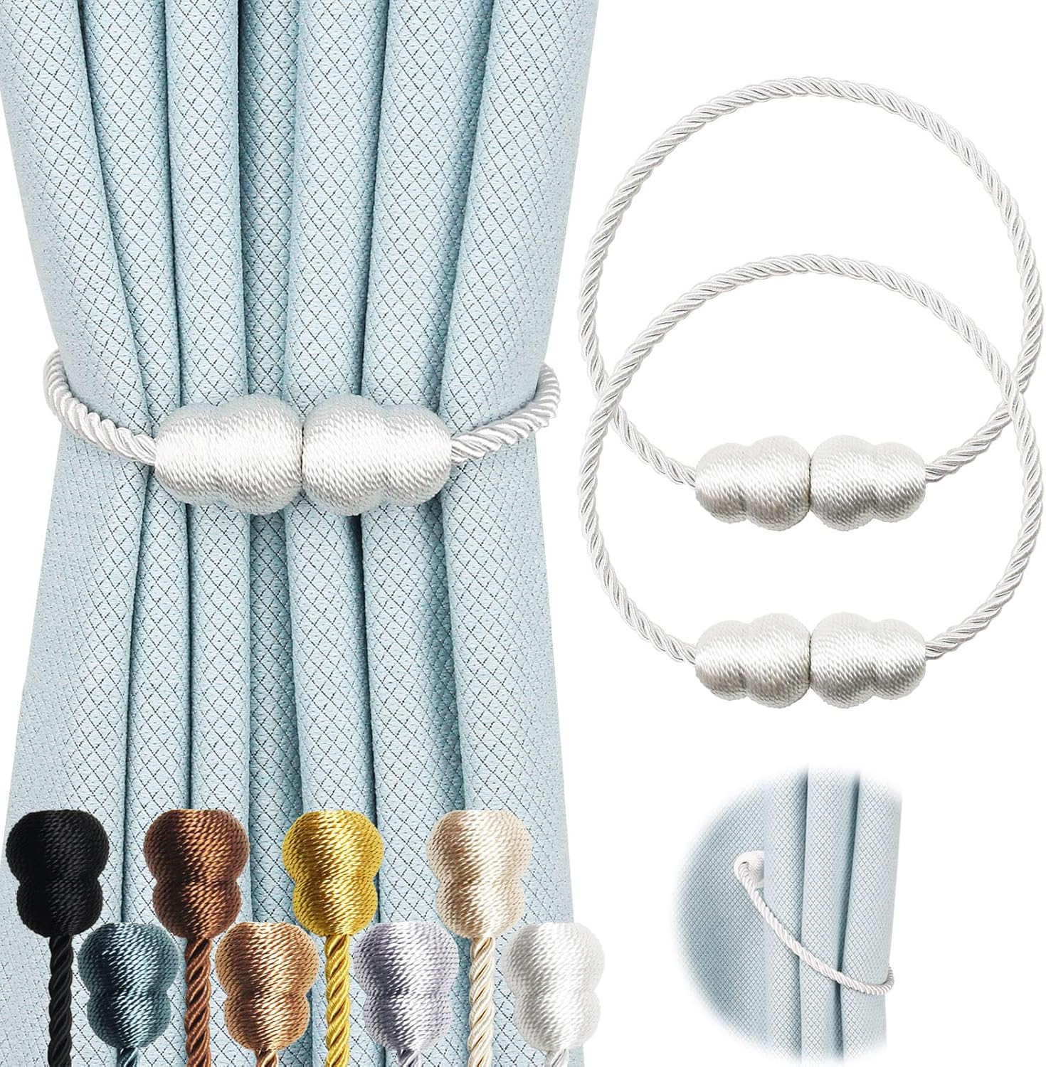 Window Treatment Hardware - Hangtty Magnetic Curtain Tiebacks 2 Pack Rope Decorative Curtain Tie Backs Elegant Curtain Holders for Drapes Outdoor Window Treatment Holdbacks, White