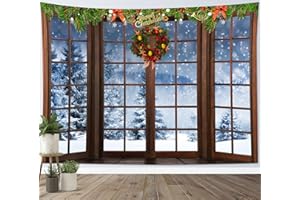 HVEST Christmas Winter Tapestry Snow Forest outside Windows Tapestries Wall Hanging Red Xmas Balls and Christmas Wreath Tapestry for Bedroom Living Room Dorm Wall Decor, 60W x 40H inches