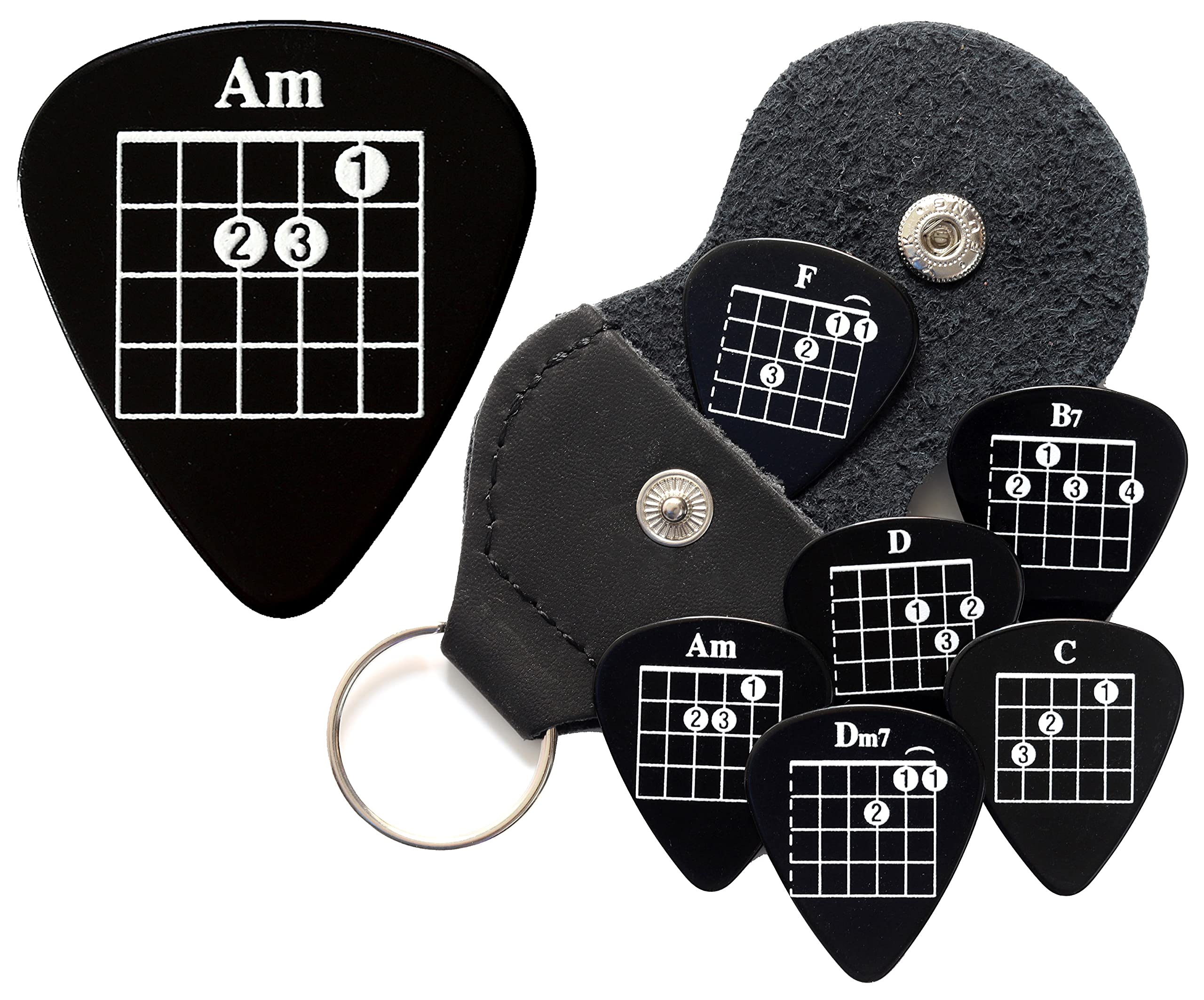6 Black Chord Guitar Plectrums with Pick Holder Keyring - Double Sided - Harmony Picks