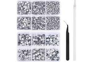Nibiru 6616pcs Hotfix Rhinestones 5 Mixed Sizes FlatBack Crystal Rhinestones for Crafts Round Glass Gems with Tweezers and Picking Rhinestones Pen(Clear)