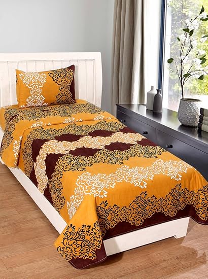 Homefab India 140 TC Polycotton Single Bedsheet with Pillow Cover - Modern, Beige and Brown