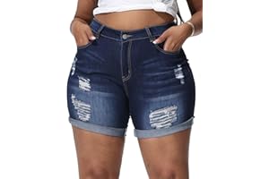 Gboomo Womens Plus Size Jean Shorts High Waisted Distressed Denim Shorts Casual Ripped Fold Hem Short Jeans