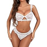 Donnalla Sexy Lingerie for Women 2 Piece Lace Bra and Panty Sets Ruffle Push Up Bralette Mesh Sheer Underwire Outfits
