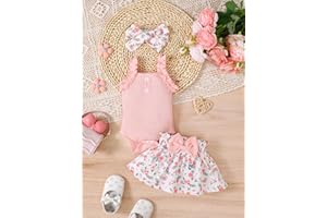 Newborn Baby Girl 3 Piece Outfit Set Ribbed Romper Ruffle Strap Floral Skirt with Bow Headband