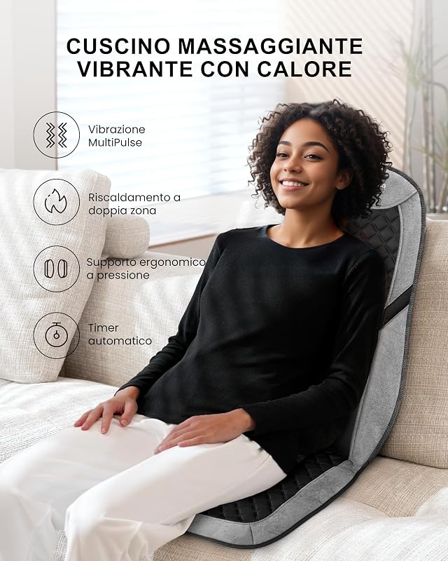 Massaggiatore Schiena con Funzione Riscaldante per Alleviare il Mal di Schiena, Sedile Massaggiante con 5 Modalità di Vibrazione, 3 Intensità, 3 Impostazioni di Tempo, Regalo Uomo
