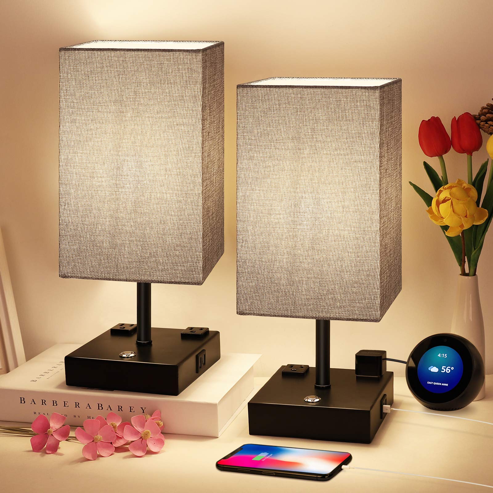 Mua Bedside Lamp 3 Way Dimmable Touch Control Table Lamp With 2 Usb Charging Ports 2 Ac Outlet Nightstand Lamp With Grey Fabric Shade Bedroom Lamp For Bedroom Set Of 2 For