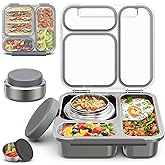 Stainless Steel Bento Box Kids Adult with 7oz Soup Thermo, Transparent Lid 3 Compartments Metal Bento Lunch Box with Insulated Food Jar,Lunch Box Container Sauce Cup for School,BPA-Free(Grey)