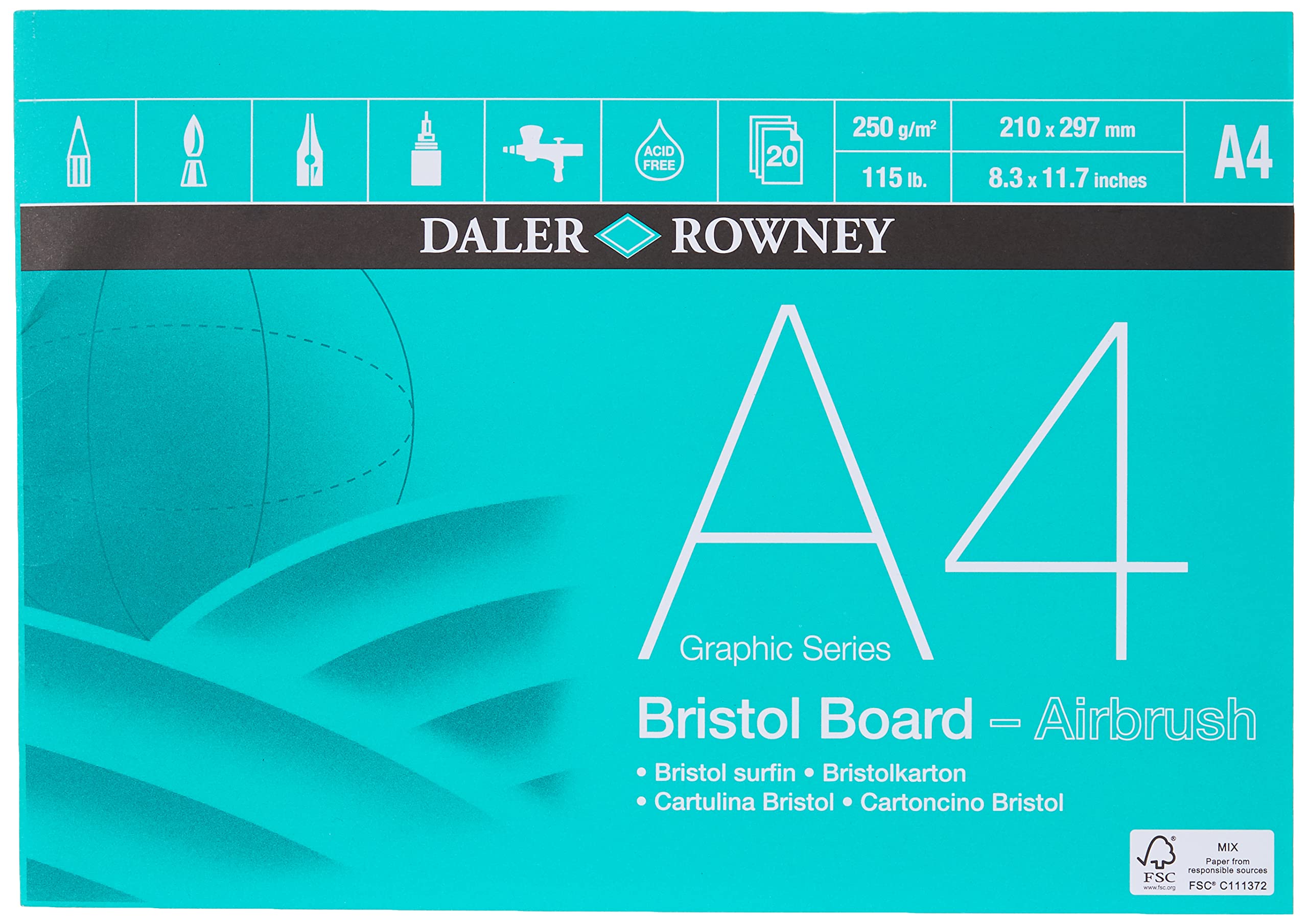 Daler-Rowney Graphic Series Smooth Surface 250gsm A4 Bristol Board Pad, Glued 1 Side, Acid-free, 20 White Sheets, Ideal for Professional Artists & Students