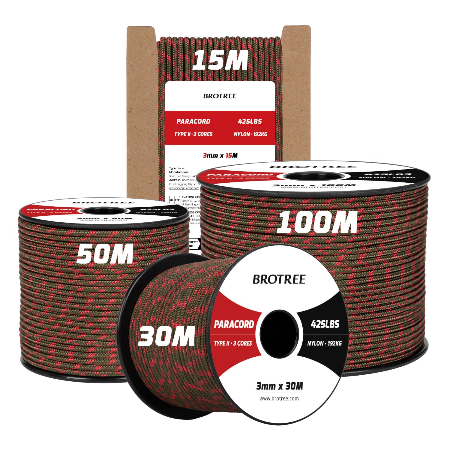 Brotree 3mm Paracord 425 100% Nylon 100M Rope 3 Strands Type II Parachute Cord for Outdoor, Craft, DIY - 192kg Breaking Load (Apocalypse)