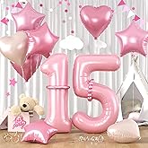 40 Inch Pastel Pink 15 Balloons, Baby Pink 15 15th Number Balloons, Pink Foil Star Heart Balloon With Long Balloon For Girls Women 15th 51st 15 51 Birthday Party 1st 5th Baby Shower Anniversary