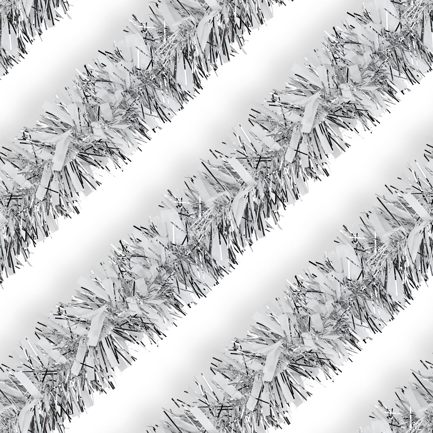 Silver White Christmas Tinsel Garland, 10m/32.8ft Chunky/Fine Christmas Tree Hanging Tinsel Decoration Metallic Tinsel Christmas Decoration Tinsel for Christmas Tree Decor (Silver White)