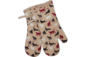 RED LMLDETA Oven Mitts Gloves 1 Pair Heat Resistant 480 ℉ Non Slip Clear Silicone Printed Comfortable Cotton Lining Kitchen Women Men Cooking Barbecue Microwave Machine Washable (Cat, Khaki Mittens)