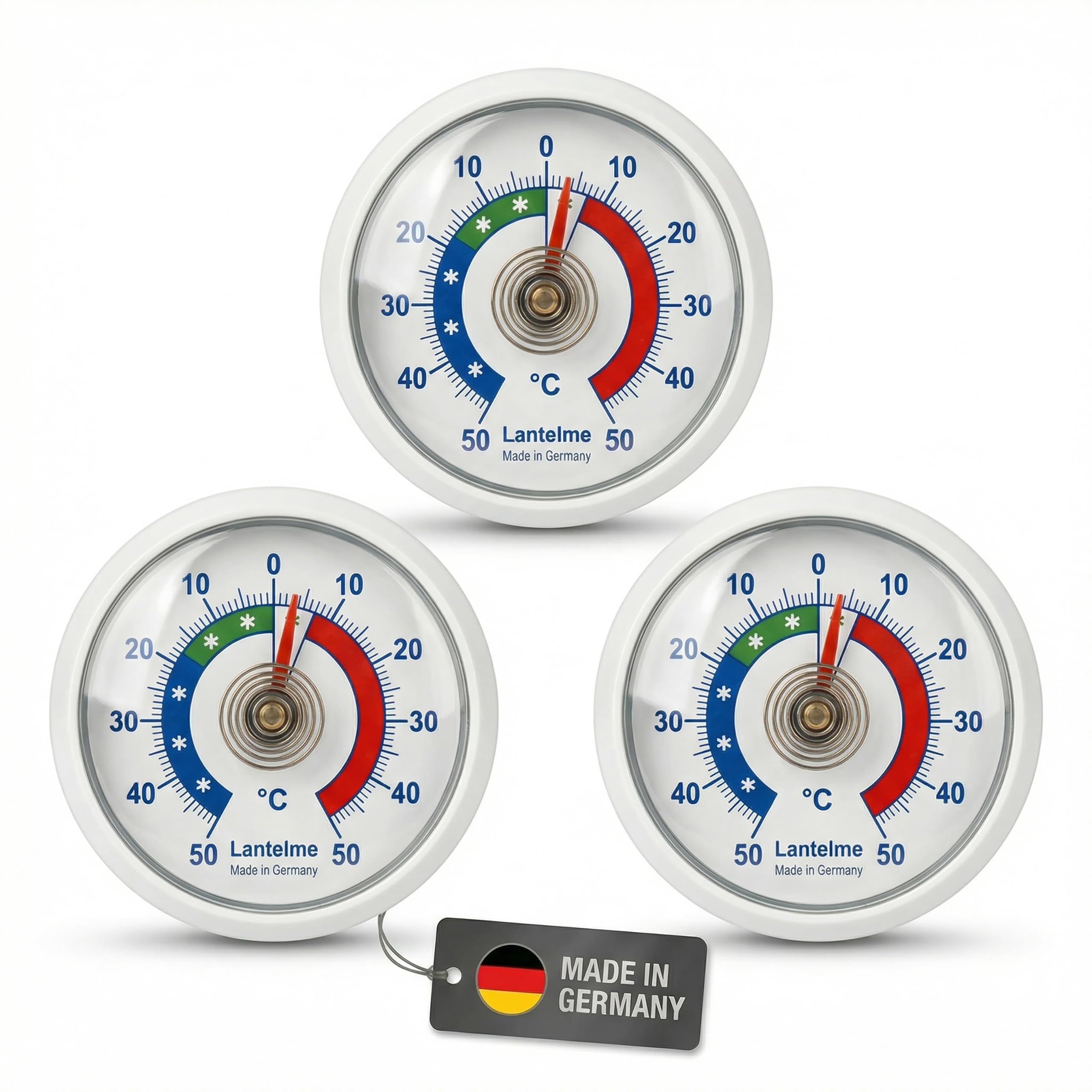 Lantelme Freezer Thermometer Set of 3 Round Bimetal Analog Refrigerator Thermometer Temperature Display +/- 50°C, plastic white 4816