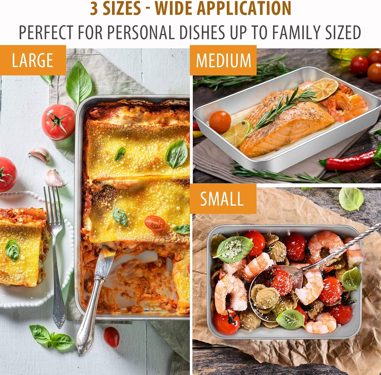 Baking Pans Set of 3, E-far Stainless Steel Sheet Cake Pan for Oven - 12.5/10.5/9.4Inch, Rectangle Bakeware Set for Cake Lasagna Brownie Casserole Cookie, Non-toxic & Healthy, Dishwasher Safe: Kitchen & Dining