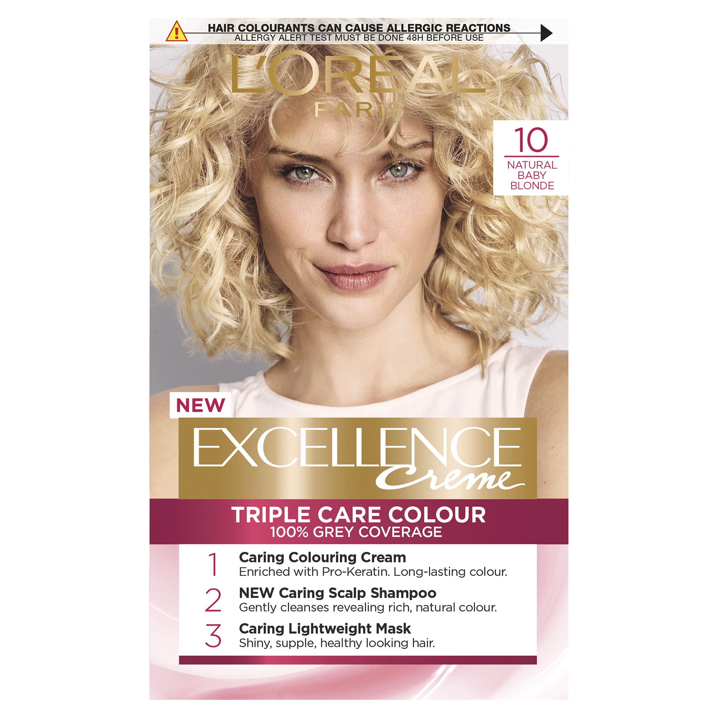 L'Oréal Paris Excellence Crème Permanent Hair Dye, Radiant At-Home Hair Colour with up to 100% Grey Coverage, Pro-Keratin, Up to 8 Weeks of Colour, Pack of 3, Colour: 10 Natural Baby Blonde