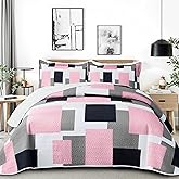 Tyrot 3 Piece Pink Grey Quilt Set Full/Queen Size Pink Gray White Geometric Reversible Bedding Set Microfiber Lightweight Bedspread Coverlet with 2 Shams Modern Bed Cover for All Season, 90''x96''
