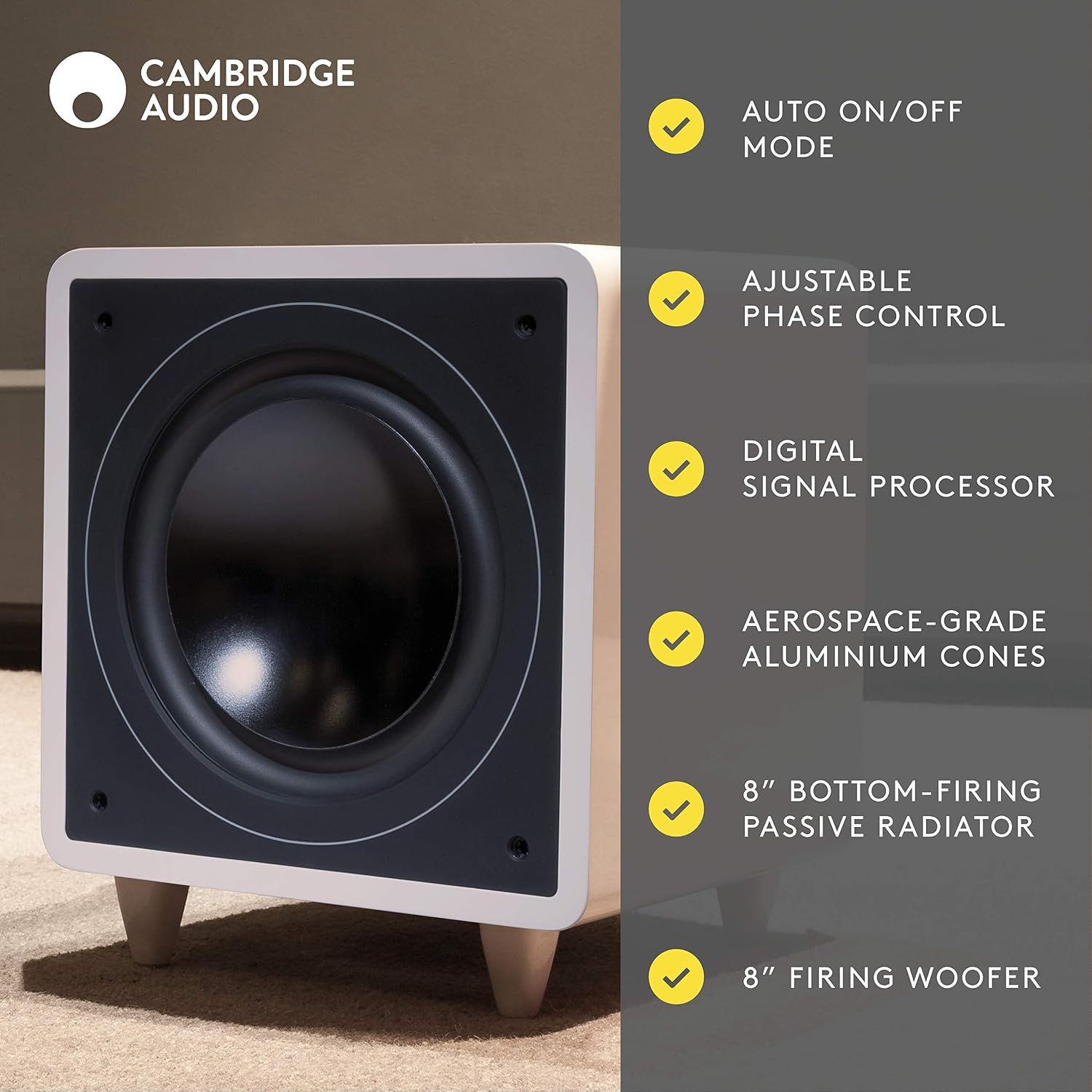 Cambridge Audio Minx X301-300 Watt Active Subwoofer Featuring Auxiliary Bass Driver and Fully Adjustable Sound - White - Image 3