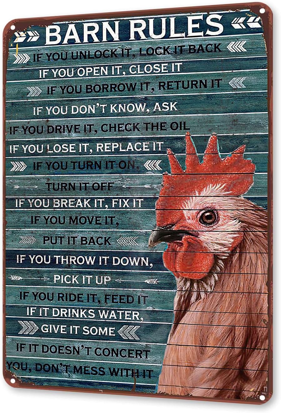 TINME Metal Sign Chicken Barn Rules Tin Sign Vintage Chicken Coop Farm Wall Decor Sign 12x8 Inch