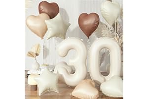 GOVPY Cream 30 Balloons Decor, Beige Nude Apricot Brown Tan Foil Star Heart Balloons, 40'' White Sand Helium Neutral Number 30 Balloon for Women 30th Birthday Wedding Anniversary Party Decoration Supplies