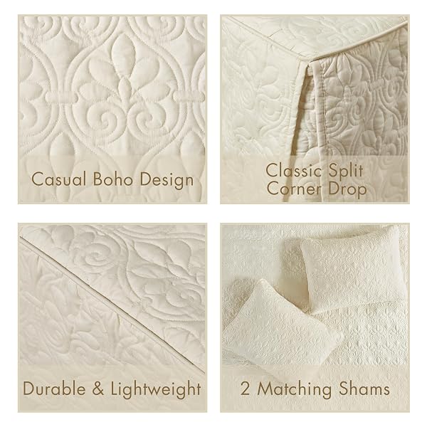 MADISON PARK QUEBEC SPLIT CORNER QUILTED BEDSPREAD CLASSIC TRADITIONAL DESIGN ALL SEASON, LIGHTWEIGHT, BEDDING SET, MATCHING SHAMS, QUEEN, DAMASK QUILTED CREAM 3 PIECE