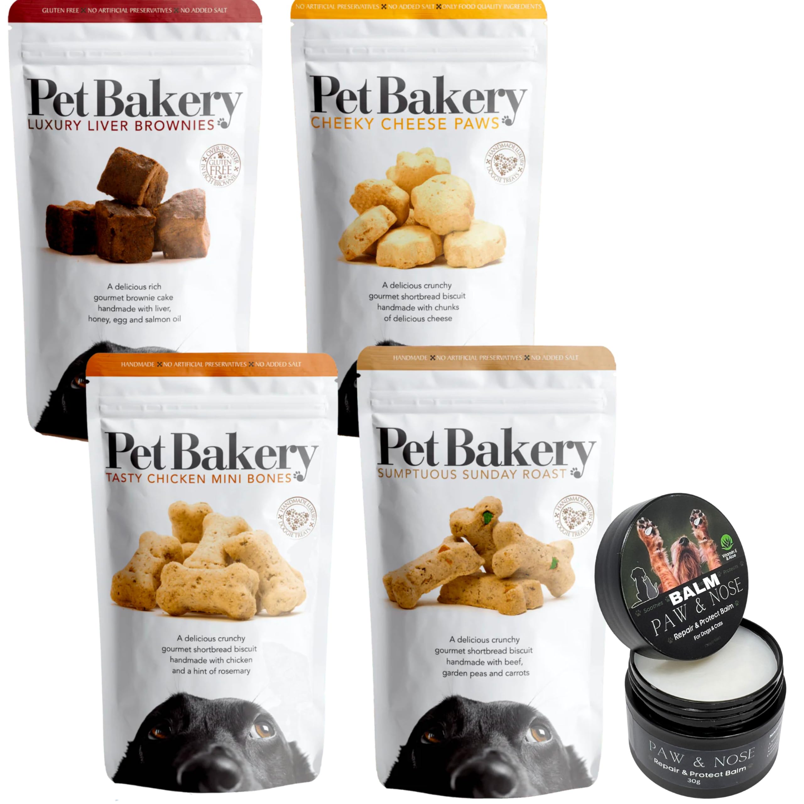 Dog Biscuits Snacks Treat bundle includes Pet Bakery Liver Brownies, Chicken Bones, Cheese Paws, Sunday Roast 190g x4, Nose and Paw Balm