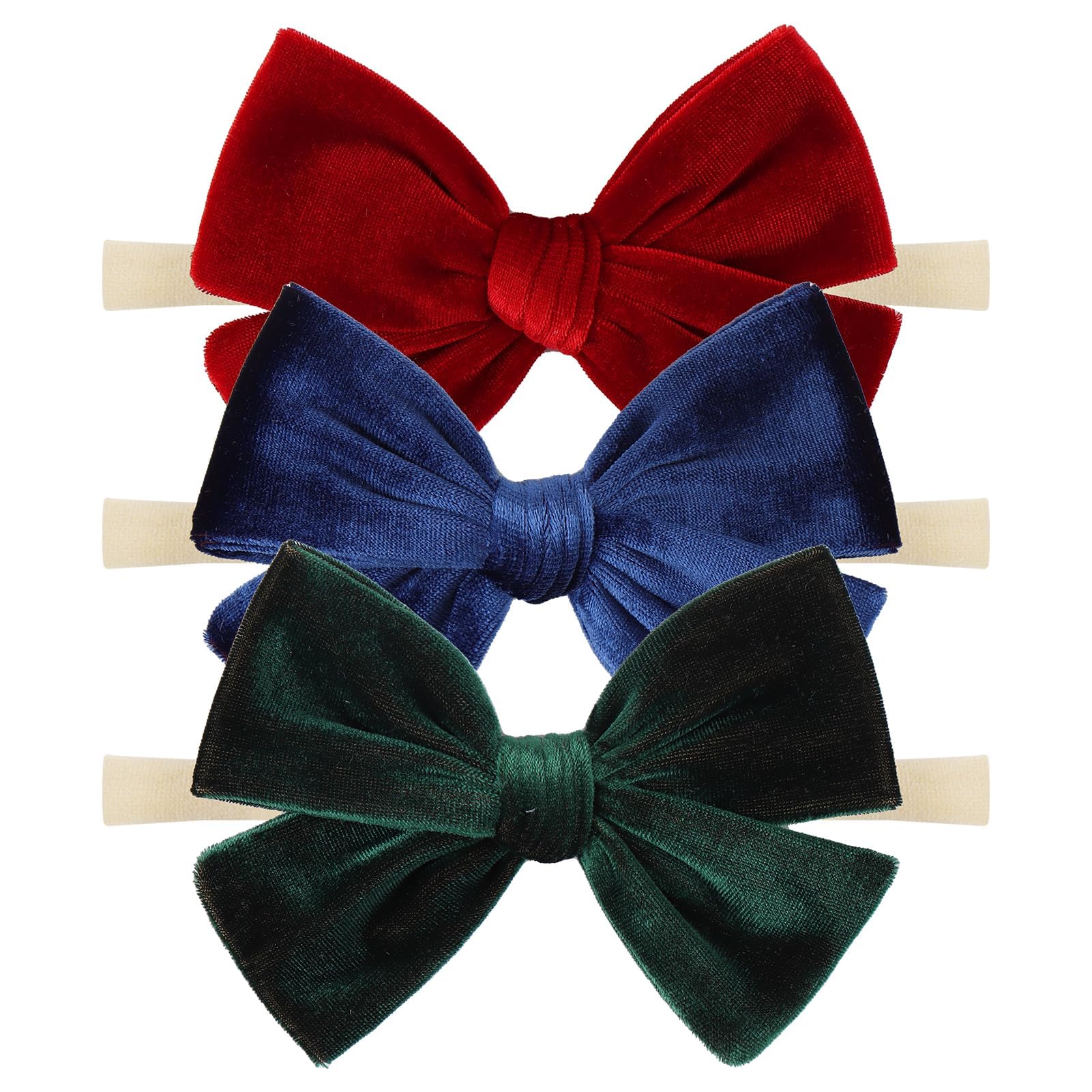 Photo 1 of ONENINEDREAM Baby Girls 4" Velvet Hairband Handmade Tied Bow Elastic Nylon Hair Accessories, 3 Pcs Red, Green, Dark Green