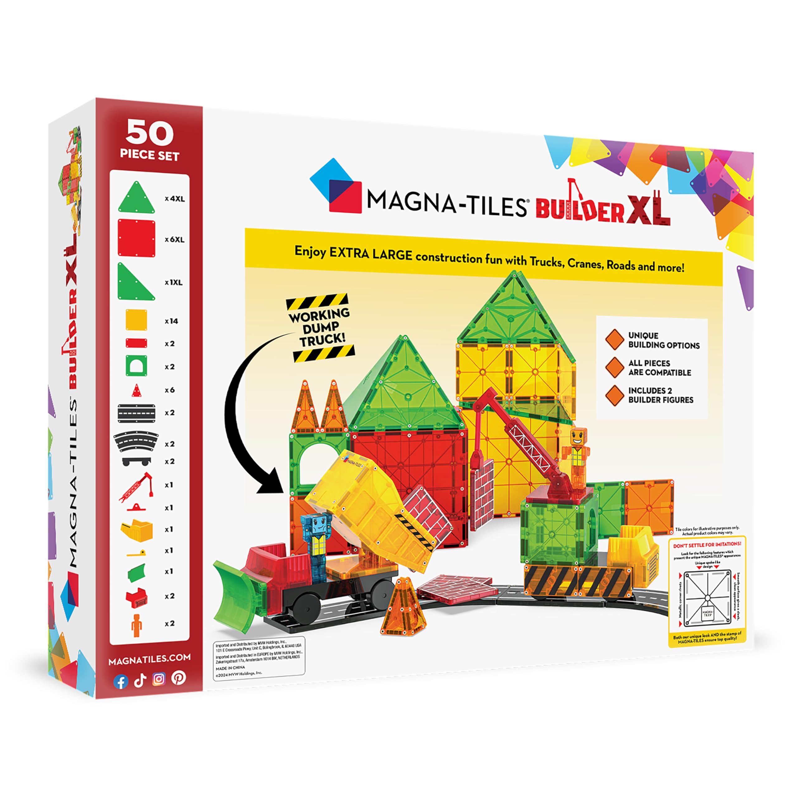 MAGNA-TILES Builder XL 50-Piece Magnetic Construction Set, The Original Magnetic Building Brand