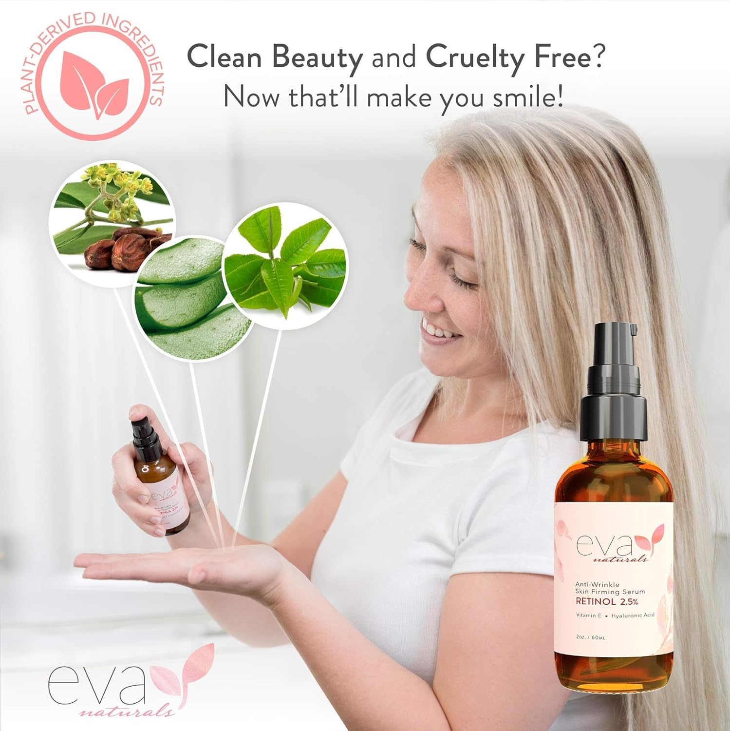 Natural Vitamin A Retinol Serum 2.5%, XL 2 oz. Bottle – Anti-Aging Serum + Vitamin E Oil, Jojoba Oil, Witch Hazel – Hyaluronic Acid Serum for Face Fades Wrinkles, Dark Spots, Damage by Eva Naturals: Beauty