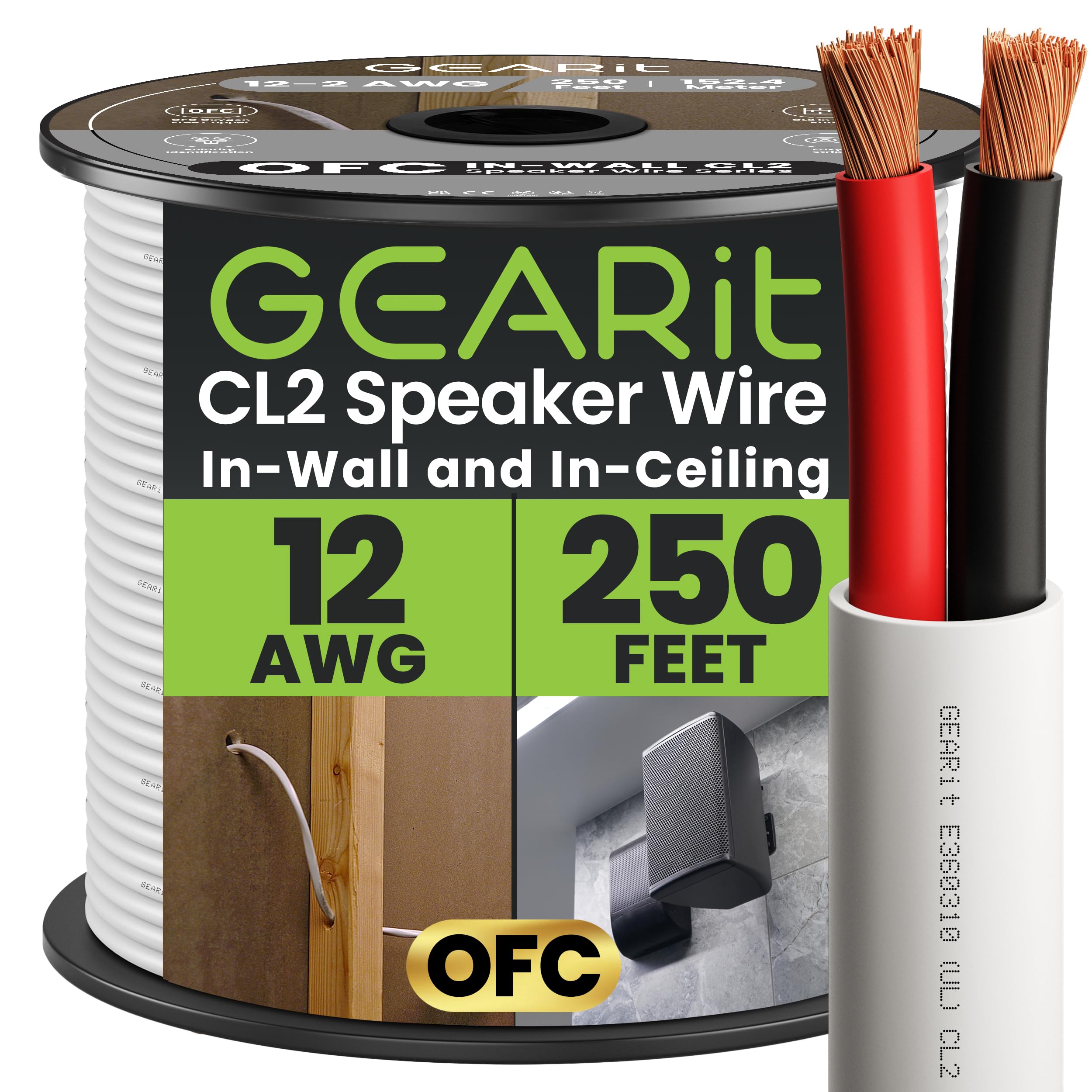 GEARit Car Speaker Wire 12 gauge, UL CL2 Rated Speaker Cable, 2×4mm² Audio Cable with Polarity Mark, OFC Copper Wire 12 AWG for In-Wall Home Theater Surround Sound, Car Audio Stereo(250FT, White)