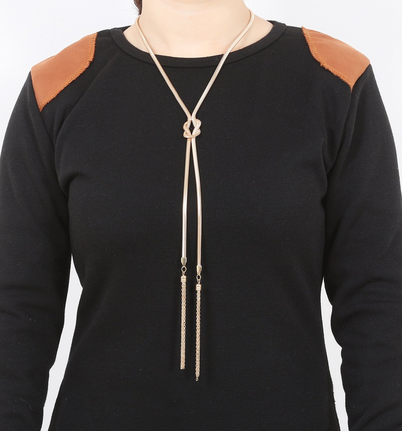 VOGUEKNOCK Long Knotted Necklace Flat Snake Chain with Tassel Pedant Y Lariat Necklace Gold