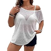 Hilinker Women's Plus Size Sheer Mesh Short Sleeve Top Sexy See Through T Shirt Off Shoulder Blouse Loose Fit