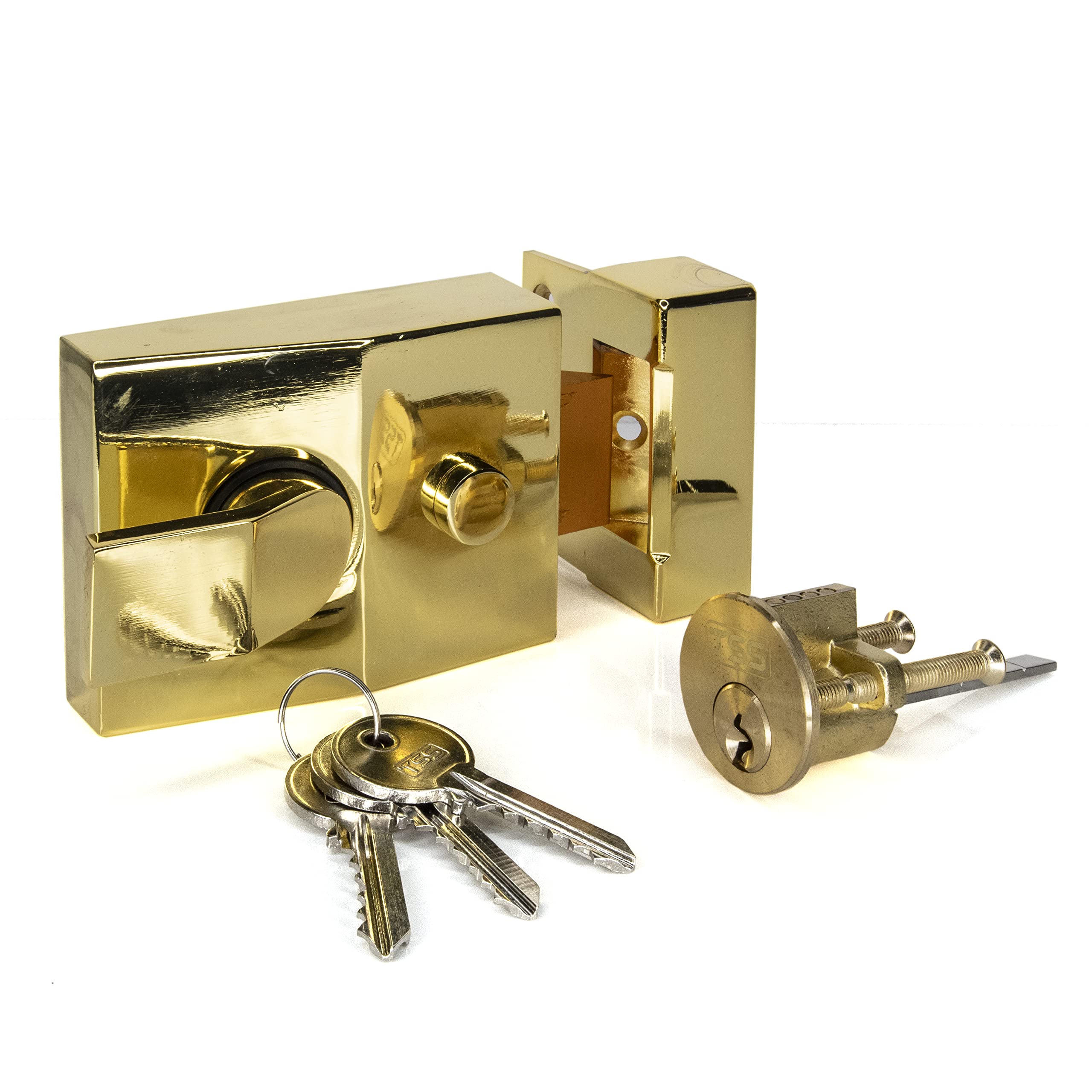 UK Security Supplies Standard Deadlocking Nightlatch, Polished Brass Finish, 60mm Backset, Complete with Rim Cylinder Lock Supplied with 3 Keys. External Door Lock for Front Door and Back Door.